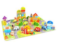 a play mat with cars, trucks and buildings on it's sides in front of a white background