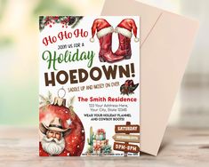 Howdy Santa is coming to town, and you're invited to the most festive hoedown in town! Our holiday hoedown invitation editable template is the key to a western christmas filled with country charm. Customize the text with your details, print it, and let the holiday cowboy party fun begin! DEMO LINK - TRY BEFORE YOU BUY - FREE! Copy and paste this URL into your web browser: https://www.corjl.com/d/5BJ0IA/s Click buy now and you'll be able to personalize this editable template in Corjl, an easy-to- Red Neck Christmas Party, Country Christmas Invitations, Cowboy Christmas Party, Country Christmas Party, Western Christmas Party, Holiday Hoedown, Christmas Party Invites, Your Invited, Christmas Party Menu