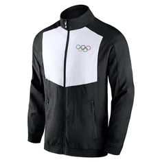 a black and white jacket with the olympic symbols on it