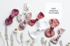 several different types of hair bows on a white background with the words pddn sewing pattern