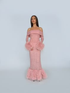 Made to order. Ships in 1 to 3 weeks   Off-shoulder and elegantly long, this flattering dress features long sleeves, cuffs, and dress bottom adorned with matching lovely pink faux fur. A fitted and lined dress, its fabric composition of 90% mohair and 10% wool ensures a soft and comfortable feel with a touch of stretch Pink Fur Dress, Lirika Matoshi, Work Illustration, Freakum Dress, Fur Dress, Pink Fur, Flattering Dress, Pink Faux Fur, Grad Dresses