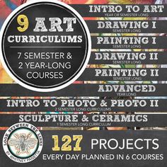 an advertisement for the art and crafts course on chalkboard with images of children's artwork