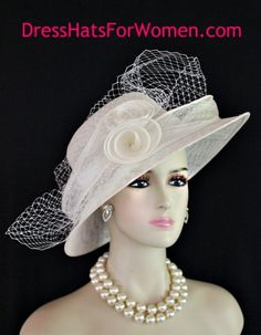 Elegant White Evening Veil, Elegant White Veil For Ceremony, Elegant White Ceremony Veil, Elegant Cream Party Veil, Beige Short Brim Headpiece For Wedding, Elegant White Formal Veil, Elegant Summer Hat For Mother Of The Bride, Wide Brim Hats For Mother Of The Bride, Wedding Headpiece With Short Brim