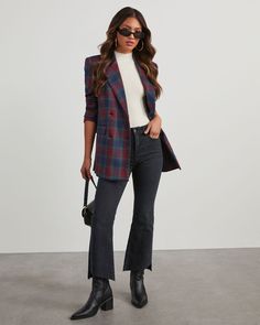 Warm up with this wear-now, versatile style. The Jettie Plaid Blazer comes double breasted in a slightly oversized fit with inner lining, faux flap pockets and front button closures. Wear it over knit tops and with jeans or a skirt. Slightly oversized Notched lapel Plaid print Faux flap pockets Button closures Self: 98% Polyester 2% Spandex, Lining: 100% Polyester