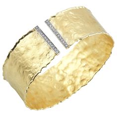 14 Karat Yellow Gold Hand-Crafted Matte And Hammered Finish Scallop-Edged Cuff Bracelet, Enhanced With 0.31 Carat Of Pave Set Diamond Bars. Ancient Bracelet, Yellow Gold Cuff Bracelet, Hammered Cuff Bracelet, Diamond Cuff Bracelet, Slap Bracelets, Gold Bracelet Cuff, Diamond Bar, Gold Cuffs, Diamond Bracelets