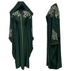 Sumaya Green Batwing Abaya Farasha Jalabiya Arab Dress With Embroidery , comes in original plastic wrap with Hijab included. Beautiful material with a premium feel. Exclusive new design Abaya.      Latest new design!  Comes with scarf  Embroidery   close front   It comes with 2 belt inside that allow you to adjust the size   Colour: green  material : nida  Suitable for easy iron.   Do not tumble dry.  Dry clean  hand wash  The scarf is free and it may be little different in colour and design   Abayas are known by many name such as modest Islamic clothing, jilbab, jalabiya Arab rob, long dress, Muslim clothing, Kimonos, Hijab. However, they serve the same purpose: to cover. Other models are usually kaftans, cut from light, flowing fabrics like crepe, georgette, nida, and chiffon. Other know Embroidered Long Sleeve Agbada For Eid, Batwing Abaya, New Design Abaya, Scarf Embroidery, Embroidery Abaya, Habits Musulmans, Design Abaya, Arab Dress, Green Silk Dress