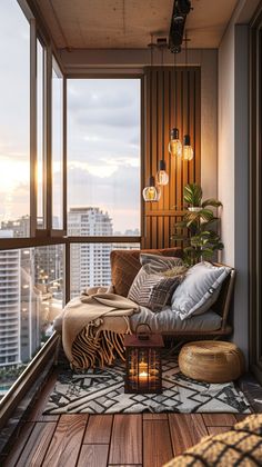 a living room filled with lots of furniture next to a window covered in curtains and lights