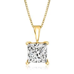 Ross-Simons - 2.00ct Princess-Cut Lab Grown Diamond Pendant Necklace. 18". Priced to please for its substantial size, our gorgeous 2.00 carat princess-cut lab-grown diamond pendant necklace makes a sensational signature style. Finely crafted in polished 14kt yellow gold and suspended from a sleek box chain. Lab-grown diamonds are identical to mined diamonds according to their optical, physical and chemical properties. All Ross-Simons lab-grown diamond jewelry in 14kt gold and platinum includes a Princess Cut Diamond Necklace With Prong Setting, Princess Cut Yellow Gold Necklace In Fine Jewelry Style, Gold Square Pendant Diamond Necklace With Diamond Cut, Diamond Necklace With Vvs Clarity In Princess Cut, Gold Princess Cut Necklace As Gift, Classic Princess Cut Cubic Zirconia Necklace, Classic Princess Cut Diamond Necklace With Accents, Classic Cubic Zirconia Princess Cut Necklace, Yellow Gold Princess Cut Fine Necklace