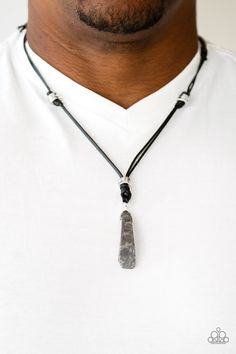 Infused with shiny silver beads, a chunk of hematite swings from the bottom of a lengthened strand of black leather cording, creating an urban pendant. Features an adjustable sliding knot closure. Size may vary. Sold as one individual necklace. Black Jewelry Necklace, Meteorite Necklace, Adjustable Sliding Knot, Sliding Knot Closure, Adjustable Jewelry, Jewelry Images, Sliding Knot, Paparazzi Accessories, Mens Accessories Jewelry