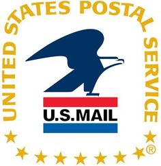 the u s mail logo is shown in yellow and blue stars around it, which reads united states postal service