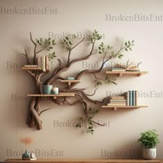 a tree with bookshelves and plants on it