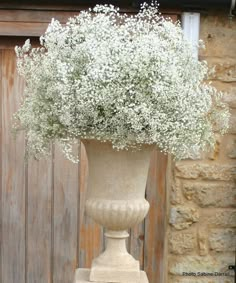 a large white vase filled with flowers on top of a stone table next to a wooden door