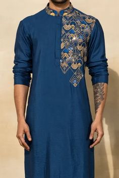 Shop for DiyaRajvvir Blue Cotton Thread Embroidered Kurta Set for Men Online at Aza Fashions Festive Long Sleeve Sets With Geometric Embroidery, Unstitched Kurta With Embroidered Neckline For Eid, Festive Embroidered Straight Kurta, Fitted Traditional Wear With Geometric Embroidery For Transitional Season, Fitted Traditional Wear With Geometric Embroidery, Festive Geometric Embroidery Unstitched Sets, Traditional Straight Kurta With Embroidered Neckline, Chanderi Straight Kurta Set With Embroidered Neckline, Bollywood Style Kurta With Embroidered Neckline For Eid