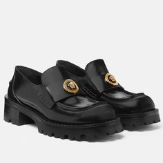 Versace Alia Platform Loafers 35 Mm Size 40 These Polished Leather Loafers Feature An Enamel Medusa Emblem On The Penny Strap And A Stacked Heel Set On Rubber Treaded Soles. Enamel Medusa Emblem Moccasin Construction Penny Strap Round Toe Stacked Heel Treaded Soles Without Box Outer Composition: 100% Calf Leather Lining 1: 100% Lambskin Lining 2: 100% Goat Leather Sole: 100% Calf Leather The Shoe Weighs Approximately 17.6 Oz / 0.5 Kg For The Model Size 38 It Fit Is True To Size, We Recommend Tak Leather Luxury Slip-ons With Brogue Detailing, Luxury Leather Slip-ons With Brogue Detailing, Luxury Slip-on Platform Loafers For Formal Occasions, Luxury Loafers With Brogue Detailing For Galas, Luxury Slip-ons With Leather Sole For Work, Luxury Leather Sole Slip-ons For Work, Luxury Slip-ons With Brogue Detailing And Round Toe, Luxury Leather Platform Loafers With Brogue Detailing, Luxury Black Loafers With Brogue Detailing