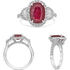 Roman & Jules Platinum Oval Ruby Ring with Diamond Halo - 3.37 Carat Total Gem Weight Luxury Oval Ruby Diamond Ring, Luxury Oval Ruby Ring For Anniversary, Elegant Gia Certified Pear-shaped Diamond Ring, Luxury Oval Ruby Ring For Formal Occasions, Luxury Ruby Ring With Oval Center Stone, Luxury Oval Ruby Ring With Prong Setting, Luxury Oval Ruby Ring With Center Stone, Gia Certified Oval Ruby Ring, Elegant Platinum Ruby Ring