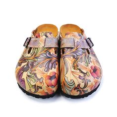 Purple, Pink, Orage Flowers and Green Leaf Patterned Clogs - CAL371 Girls Clogs, Red And White Flowers, Clogs And Mules, Cork Heels, Boho Chic Outfits, Whimsical Fashion, Slip On Mules, Leather Clogs, Leather Mules