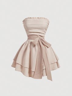 Women Strapless Backless Ruched Waist Tie Layered Fashion Dress Khaki Boho  Sleeveless Woven Fabric Plain A Line,Cami Non-Stretch  Women Clothing, size features are:Bust: ,Length: ,Sleeve Length: Dress With Bow Belt, Shein Satin Dress, Shein Cami Dress, Quinceanera Guest Outfit, Mod Women, Cute Strapless Dresses, Dresses Shein, Cute Short Dresses, Stunning Prom Dresses