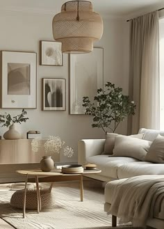 a living room filled with lots of furniture and pictures on the wall above it's coffee table