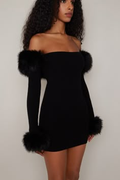 Your coziest must-have – meet our Faux Fur Off-The-Shoulder Dress. Knit for comfort and elegance, the fitted style is trimmed with plush faux fur that can be removed; this versatile dress is destined to become your favorite dress. Off-the-shoulder neckline Long sleeves Pullover style Detachable faux fur trim at collar and cuffs 5% Cashmere, 40% Wool, 10% Tess, 20% Viscose, 25% Nylon Model wears a size small Model measurements: Height 5’9”, Bust 32”, Waist 25.5”, Hips 35” Luxury Black Mini Dress With Mesh Sleeves, Luxury Fitted Mini Dress With Gathered Sleeves, Luxury Long Sleeve Mini Dress With Mesh Sleeves, Fancy Winter Dress, Fur Mini Dress, Off The Shoulders Top, Long Sleeve One Shoulder Dress, Birthday Outfit Long Sleeve, Fur Trimmed Dress