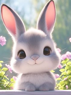 a cute little bunny sitting in front of some flowers