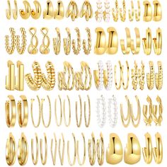 PRICES MAY VARY. Gold Hoop Earrings：You will get 36 pairs of gold earrings of different designs and sizes, including gold earrings, chunky earrings, big hoops, small hoops, twisted earrings, pearl earrings. which can be worn on different parts of the ears. One set will satisfy you for all occasions and clothing, makes you more elegant and attractive! High Quality Material：Our gold hoop earrings are made of premium alloy material, no lead and nickel, and hypoallergenic, mirror color preserving el