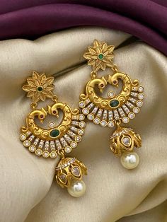 Matte Gold Finish traditional Indian Earrings jewelry Traditional Chandbali Emerald Jewelry, Traditional Emerald Chandbali Jewelry, Gold Plated Green Chandbali Earrings, Luxury Green Elegant Jhumkas, Luxury Traditional Emerald Earrings, Emerald Green Stone, Traditional Indian Jewellery, Chandbali Earrings, Floral Studs