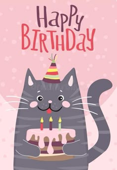 a happy birthday card with a cat holding a cake and wearing a party hat royalty illustration