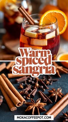 an image of warm spiced sangria in a glass with cinnamons and star anise