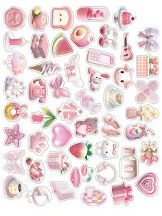 a bunch of pink and white stickers on top of each other with different designs