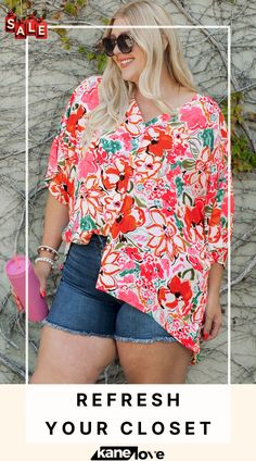 Plus Size Floral V-neck Half Sleeve Shirt Casual Floral Print V-neck Top For Summer, Spring Printed V-neck Tops, Spring V-neck Printed Tops, Multicolor V-neck Summer Shirt, Multicolor V-neck Shirt For Summer, Red Printed V-neck Shirt, Spring Floral Print V-neck Shirt, Casual Summer V-neck Top With Floral Print, Casual Pink Tops With Split Neck