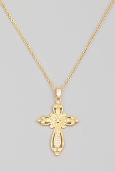 Pave Floral Cross Pendant Necklace. Women. Size: Approximate Length: 16+2 inches Elegant Gold Necklaces With Cross Pendant, Elegant Gold Cross Pendant Necklaces, Elegant Gold Cross Chain Necklace, Gold Cross Chain Necklace Elegant Style, Elegant Gold Cross Necklace With Clavicle Chain, Gold Plated Adjustable Chain With Cross Pendant, Gold Plated Cross Pendant Jewelry With Adjustable Chain, Gold-tone Cross Jewelry With Adjustable Chain, Elegant Gold Cross Pendant Necklace