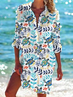 Sea Turtle Plantt Long Sleeve Beach Shirt Dress V-neck Shirt Dress For Beach Season, Printed Shirt Dress For Vacation, Printed Shirt Dress For Beach In Spring, Casual V-neck Shirt Dress For Vacation, V-neck Shirt Dress For Summer Beach, Summer Vacation Shirt Dress With Floral Print, Summer Beach Printed Shirt Dress, Printed Long Sleeve Beach Dress For Summer, Casual Multicolor Shirt Dress For Beach