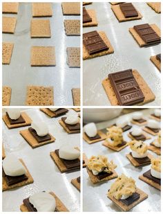 cookies and marshmallows are arranged on a baking sheet to make s'mores