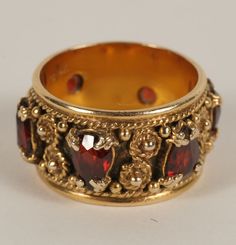 Gold marked 14K Edwardian style ring band, fancy prong set with 6 marquis garnets in a rotating pattern, with filigree work in between. 11mm shank. Size 7 1/4. 9.5 grams. Edwardian Style, Fashion Jewelry Sets, Filigree Ring, Victorian Jewelry, Vintage Jewels, Fantasy Jewelry, Garnet Rings