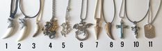 "You will have your choice of which necklace you want. There are stainless steel dragon necklaces, alloy with resin wolf head(approx. 2 1/4\")2 different head choices, colorful dragon(approx. 2 1/2\")stainless wolf tooth shaped(approx. 1 1/2\"), silver/black cross(approx. 1 1/2\") blue cross(approx. 1 1/2\"), gold toned arrow, a sentimental necklace-2 choices(daddy's girl), and a faux yak bone tooth shaped(approx. 1 1/2\"). They are numbered below the necklaces and the one daddy's girl that is a Themed Stainless Steel Jewelry As Gift, Casual Personalized Jewelry For Father's Day, Casual Metal Necklaces For Gifts, Casual Metal Necklace For Gifts, Casual Jewelry With Adjustable Chain As Gift, Casual Jewelry With Adjustable Chain For Gifts, Casual Silver Jewelry As Gift, Casual Silver Jewelry For Gifts, Casual Stainless Steel Necklaces As Gift