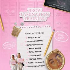 an advertisement for brow lamination training on a pink background with photos and writing tools