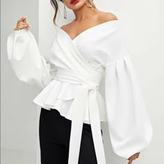 Open Front True Wrap Blouse. Color In #1 Picture 96% Polyester, 4% Elastane Ships In 5-6 Business Days” Blouse Peplum, Lantern Sleeve Top, Afrikaanse Mode, Lantern Sleeved Blouses, Black Blouse Women, Dressy Blouse, Shein Dress, Cooler Look, Elegant Blouses