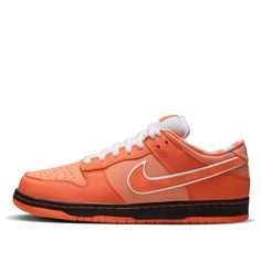 The Nike SB Dunk Low 'Concepts Orange Lobster' is a must-have sneaker for any shoe enthusiast. This eye-catching silhouette is crafted with an orange frost leather upper, detailed with lobster shell-inspired accents, and finished with a rubber sole. It pays homage to the surrealist artwork of Salvador Dalí, making it a unique addition to the Concepts x Nike collaboration. Perfect for everyday wear, this sneaker will add a stylish and vibrant touch to any outfit. (SNKR/Skate/Unisex/Low Top/Non-Slip/Wear-resistant/Shock-absorbing) Orange Sporty High-top Sneakers With Rubber Sole, Orange High-top Streetwear Sneakers With Rubber Sole, Orange High-top Sneakers With Rubber Sole For Streetwear, Orange High-top Sneakers With Contrast Sole For Streetwear, Orange Translucent Sneakers For Light Sports, Orange Low-top Sneakers With Boost Midsole, Orange Sneakers With Boost Midsole For Streetwear, Orange Skate Shoes With Contrast Sole For Streetwear, Orange Low-top Sneakers With Contrast Sole