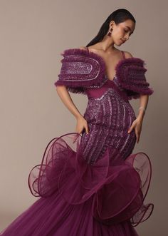 Deep Purple Organza Fish Cut Gown Elegant Ruffled Mermaid Dress For Gala, Ruffled Gown For Gala Evening, Couture Evening Dress With Ruffles, Luxury Ruffled Prom Gown, Luxury Ruffled Evening Dress For Prom, Couture Gala Gown With Ruffles, Couture Ruffled Gown For Gala, Gala Evening Dress With Ruffles, Floor-length Ruffled Mermaid Dress For Gala