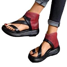 Fun Red And Black Platform With Zip Up Back. Sandals With Heels, Fancy Sandals, Birthday Fit, Zapatos Mary Jane, All Black Shoes, Zipper Heels, Womens Sandals Summer, Leather Flip Flops, Chunky Heels Sandals