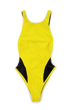 a women's yellow and black swimsuit on a white background, with the bottom section