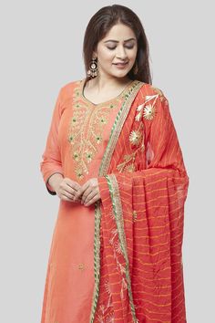 Coral Embroidered Chanderi Kurti with Off-White Gotta Palazzo and Peachy Orange Leheriya Dupatta - www.riafashions.com Leheriya Dupatta, Silk Kurti, Peachy Orange, Yellow Pants, Cotton Dupatta, Beautiful Suit, Net Dupatta, Silk Pants, Lavender Color