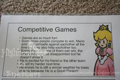 a sign describing the competitive games in mario's life is posted on a carpeted wall