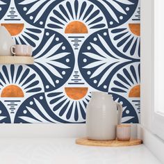 the wallpaper in this kitchen is designed to look like an art deco design