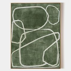 an abstract painting in green and white on a gray wall with a wooden frame above it