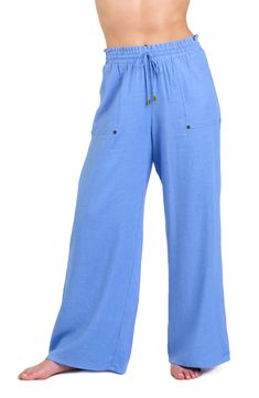 Drawstring ties with goldtone tips bring casual-cool style to these airy smocked-waist pants with breezy wide legs for poolside perfection. 30 1/2" inseam; 27" leg opening; 12 1/2" front rise; 15" back rise (size medium) Elastic/drawstring waist Side-seam pockets 80% rayon, 20% linen Hand wash, line dry Imported Palazzo Pant, Cord Ends, Beach Pants, Beach Covers, Wide Legs, Palazzo Pants, Waist Pants, Effortlessly Chic, Night Dress