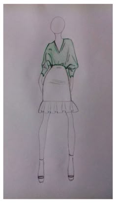 a drawing of a woman's dress in green and white, with her hands on her hips