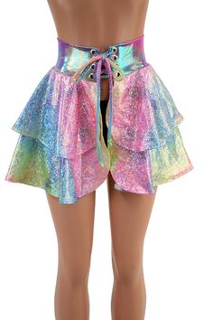 This 15" long circle cut skirt has a lace-up at the waistband, and a tiered ruffle, for double the cuteness.Both ruffles are created in Rainbow Shattered Glass holographic spandex, with a Cotton Candy holographic waistband, and Rainbow Shattered Glass lace up tie.Please note, color placement is random on this skirt.Perfect for matching with our cheekies, shorts and crops, or wear it over leggingsThe skirt is open below the laceup, so be sure to wear something cute underneath! (or not? ;) ) This Summer Costume Skirt With Ruffles, Ruffled Bottoms For Summer Costume Party, Spring Costume Skirt With Attached Cancan, Ruffled Tiered Skirt For Costume Party, Rave Skirt For Costume Party, Fitted Ruffled Bottoms For Costume Party, Fitted Ruffled Skirt Bottoms For Costume Party, Fitted Ruffled Bottoms For Costume, Summer Tiered Skirt For Costume Party