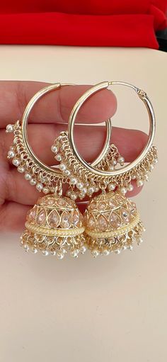 Height = 2 .5 inches Best gift option for your loved ones comes in an exquisite gift box. Highest quality and craftsmanship. Punjabi Accessories, Indian Wedding Sangeet, Capsule Wardrobe Jewelry, Kundan Jhumka, Desi Jewelry, Pakistani Earrings, Jewelry Kundan, Bali Earrings, Bridal Jewellery Design