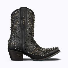 Dolly Bootie Women's Black Studded Cowboy Western Shortie Ankle Boot Edgy High Ankle Boots With Rivets, Edgy Fall Platform Boots With Studded Outsoles, Edgy Studded Platform Boots For Fall, Fall Spiked Ankle Platform Boots, Punk Boots With Studs For Fall, Edgy High Ankle Boots With Studs, Punk Leather Boots With Studs, Studded Leather High Ankle Boots, Leather High Ankle Boots With Spikes